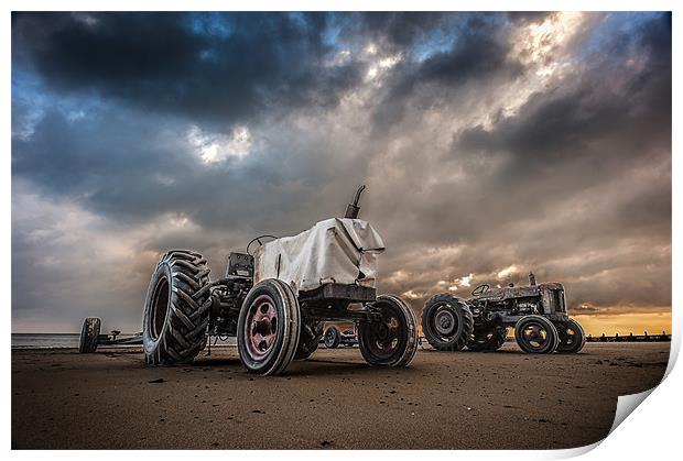 Two tractors on Overstrand Beach Print by Stephen Mole