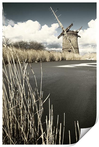 Brograve Mill by a frozen river Print by Stephen Mole