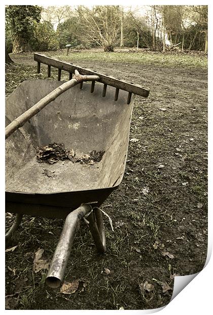 Wheelbarrow and wooden rake Print by Stephen Mole