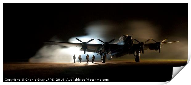 Lancaster with air crew at night Print by Charlie Gray LRPS