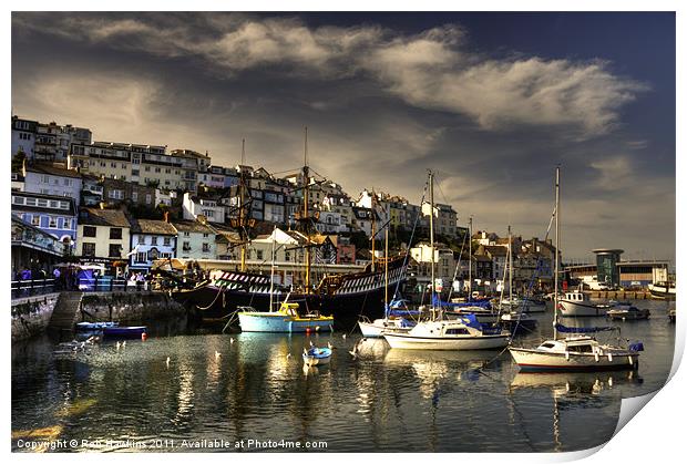 Brixham old harbour Print by Rob Hawkins