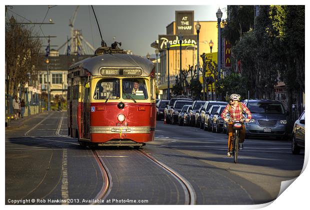 Street Car v Bike Print by Rob Hawkins