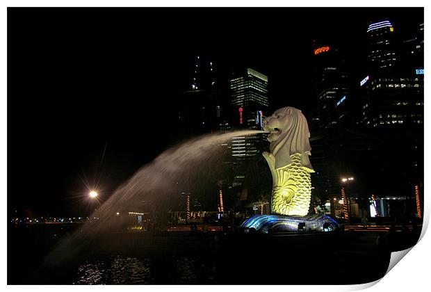 Merlion sculpture in Singapore at night Print by Douglas Kerr