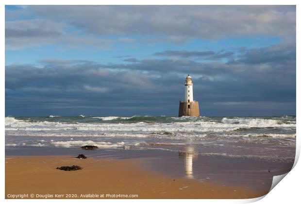 Rattray Head Lighthouse, reflection in sand with seaweed. Peterhead Print by Douglas Kerr