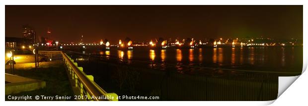 London at Night, The Thames Barrier at night Print by Terry Senior
