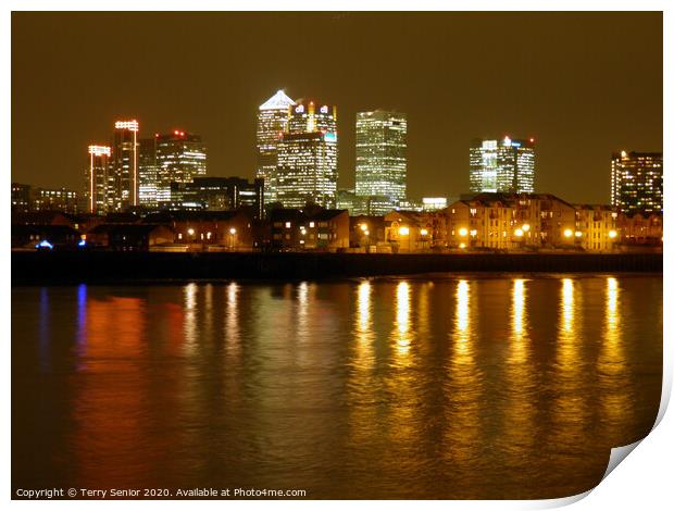 Nightscene of Canary Wharfe on the Isle of Dogs  Print by Terry Senior