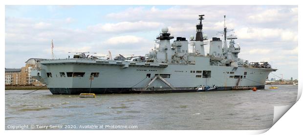 HMS Illustrious moored at Greenwich Quay on the River Thames Print by Terry Senior