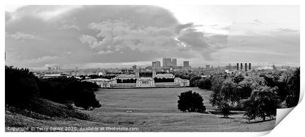 B&W Panoramamic view of London, The Queens House, The National Maritime Museum, Canary Wharfe on the Isle of Dogs  Print by Terry Senior
