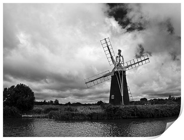 Turf Fen Windmill Black & White Print by Paul Macro