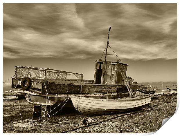 Brancaster Staithe at Low Tide Sepia Print by Paul Macro