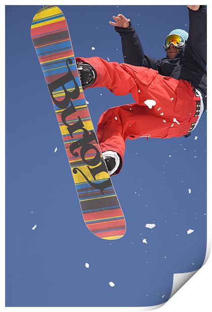 Snowboard jumping on Vogel mountain Print by Ian Middleton