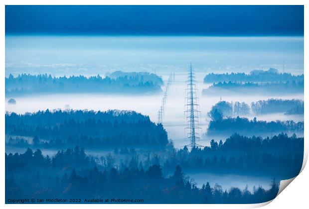 Electricity pylons in the mist. Print by Ian Middleton