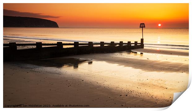 Sunrise at Swanage Beach Print by Ian Middleton