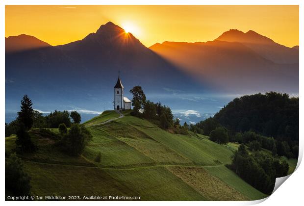 Sunrise at Jamnik church of Saints Primus and Felician Print by Ian Middleton