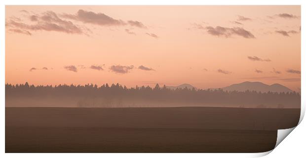 Misty fields at sunset Print by Ian Middleton