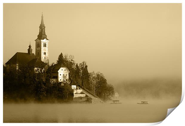 Misty Lake Bled in Sepia Print by Ian Middleton