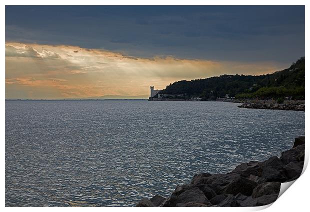 Evening light over Miramare castle Print by Ian Middleton