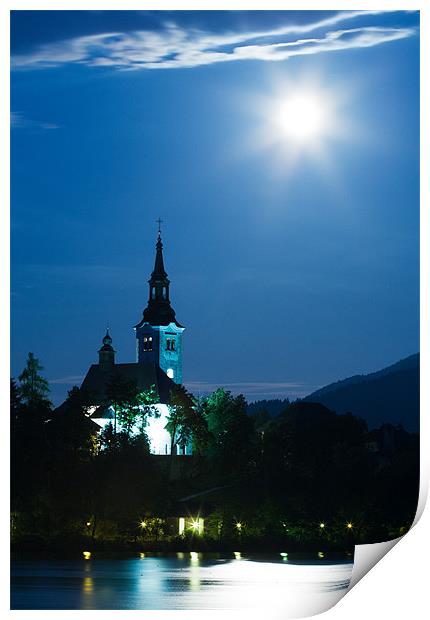 Supermoon over bled Island Church Print by Ian Middleton