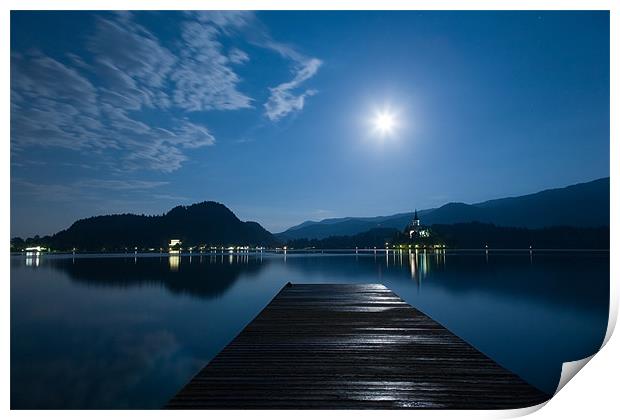 Supermoon over bled Island Church Print by Ian Middleton