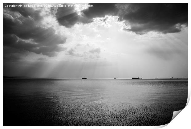 Sunrays scattered by clouds over Trieste Bay Print by Ian Middleton