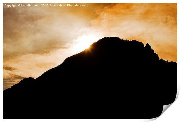 Sunset over hill at Lake Jasna Print by Ian Middleton