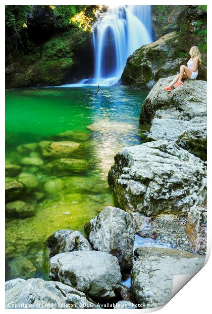 Girl watching the Sum Waterfall in Vintgar Gorge Print by Ian Middleton