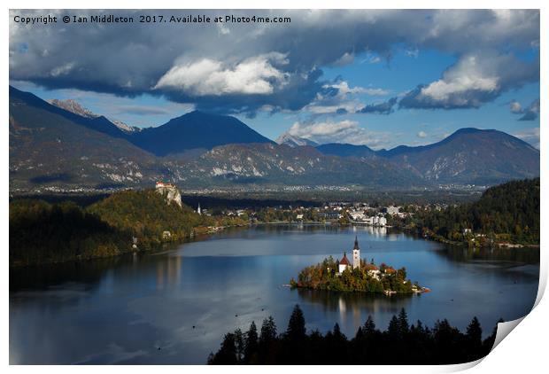View of Lake Bled from Ojstrica Print by Ian Middleton
