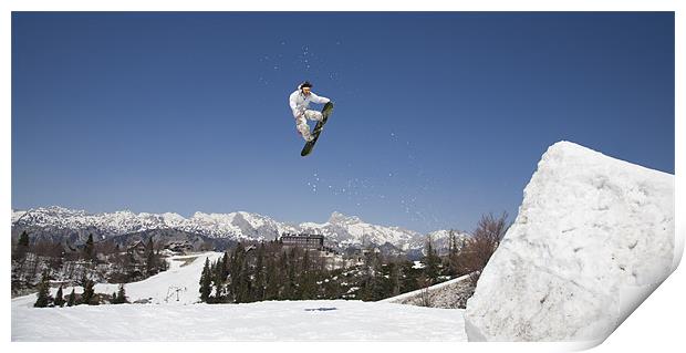 Snowboard jumper at Vogel Mountain, Slovenia Print by Ian Middleton