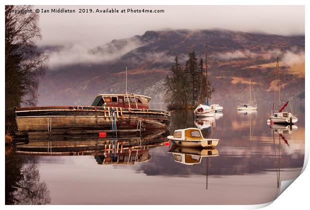 Misty morning reflections of Loch Ness Print by Ian Middleton