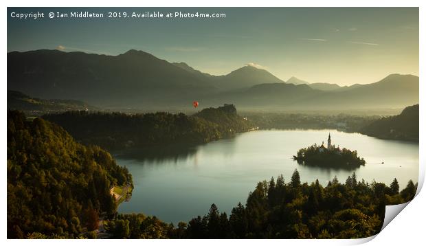 View of Lake Bled from Ojstrica Print by Ian Middleton