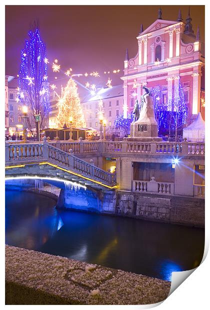 Christmas lights in Preseren Square in Ljubljana Print by Ian Middleton