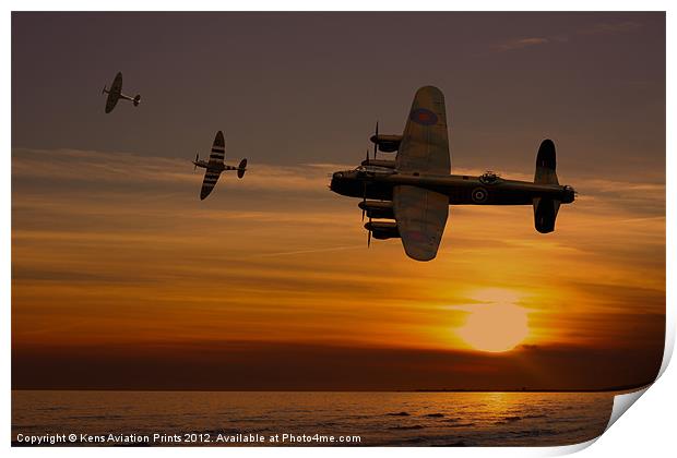 Lancaster Bomber sunset with spitfires Print by Oxon Images