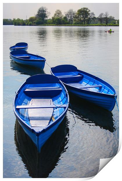 Blue boats on a lake Print by Oxon Images