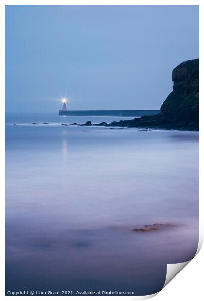 Lighthouse and breaking waves at dusk twilight. Tynemouth, North Print by Liam Grant