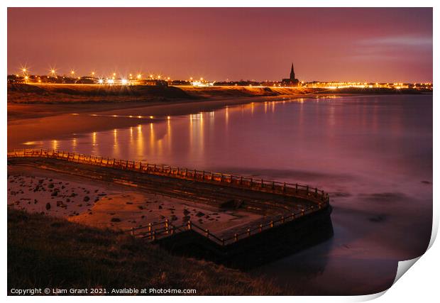 Old sea bathing pool and Tynemouth Church at night. Northumberla Print by Liam Grant