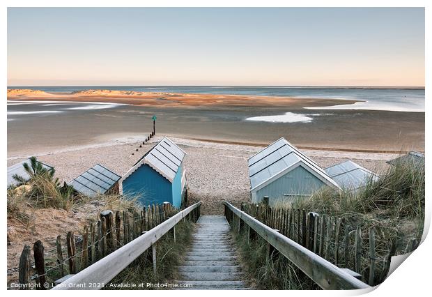 Frost covered beach huts on a winter's morning. Wells-next-the-sea, Norfolk, UK. Print by Liam Grant