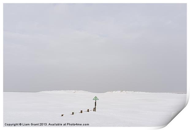 Beach and sand dunes covered in snow. Print by Liam Grant