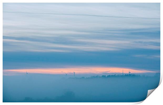 Distant windfarm and evening sky visible through f Print by Liam Grant
