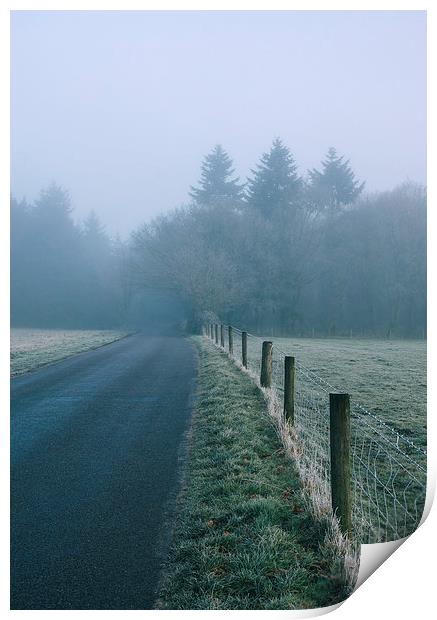 Morning frost and fog over rural country road. Print by Liam Grant