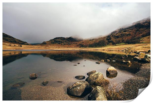 Low cloud and reflections on Blea Tarn. Print by Liam Grant