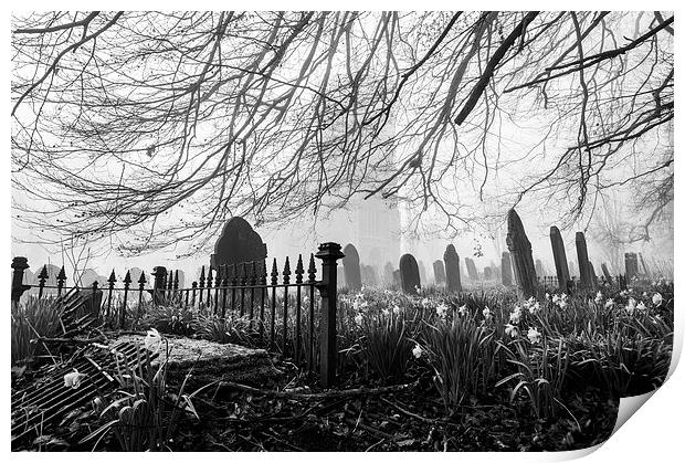 Rural church and graveyard in early morning fog. Print by Liam Grant