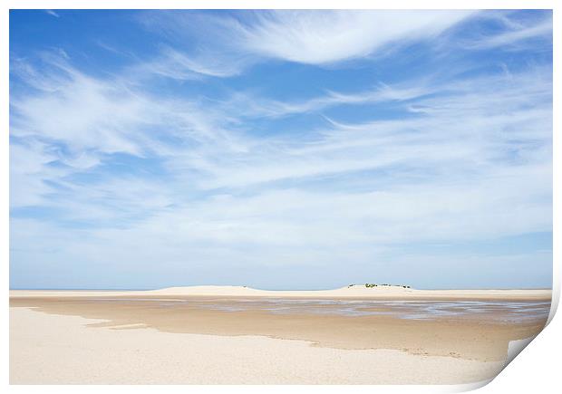 Blue sky beach and sand dunes. Wells-next-the-sea. Print by Liam Grant