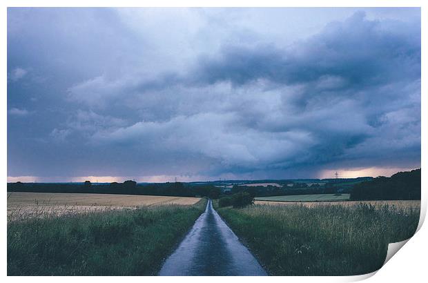 Evening thunder storm and clouds over rural scene. Print by Liam Grant