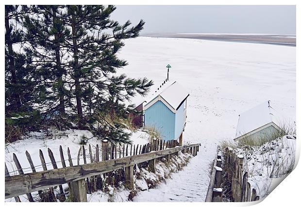 Steps and beach huts covered in snow. Wells-next-t Print by Liam Grant