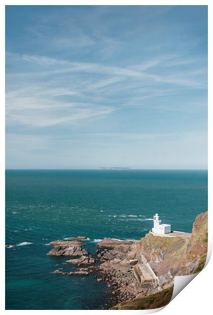Lighthouse at Hartland Quay with Lundy Island beyo Print by Liam Grant