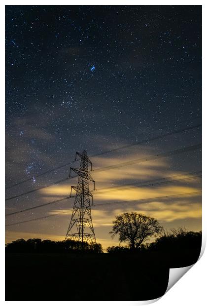Electricity pylons, stars and clouds. West Acre, N Print by Liam Grant