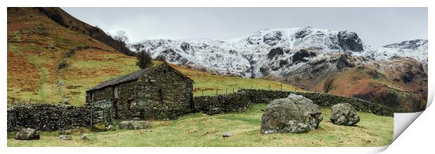 Stone barn and snow capped mountains. Hartsop, Cum Print by Liam Grant