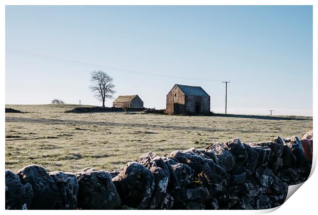 Stone barn in a field on a frosty morning. Derbysh Print by Liam Grant