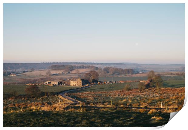 Moon over a farm at sunrise. Derbyshire, UK. Print by Liam Grant
