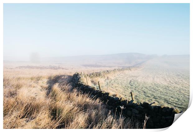 Curved wall in the frost and fog on Beeley Moor at Print by Liam Grant